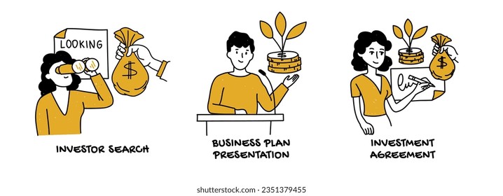 ilustración vectorial de un conjunto de negocios en la búsqueda de un inversor para una startup 