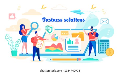 Vector Illustration Business Solutions, Flat. Woman Holding Magnifier. Men Discuss Chart Diagram. Services Assessing Financial Statements Company, Taking into Account Reliability Information.