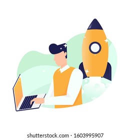 Vector illustration, Business Start Up Concept, business project startup process, ideas through planning and strategy, time management, realization. Can be used for, landing pages, templates, UI, web.