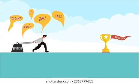 vector illustration of Business start up difficulty. businessman pulls his business on the upward path to success. move up motivation, the path to success - Vector
