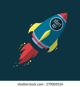 Vector illustration of  business Start Up rocket flies up, flat style. 