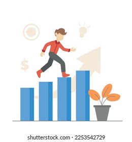 Vector illustration of business startup concept, Businessman boy walking on arrow ladder to success, goals, career, leadership designed in flat style.