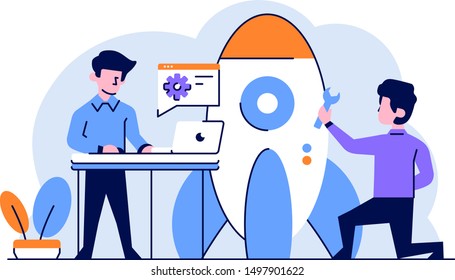Vector Illustration Business startup developer rocket development setting flat and outline design style