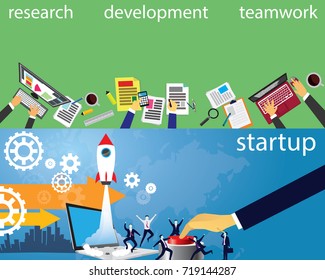 Vector illustration. Business startup project concept. Rocket launching to the sky, modern technology design