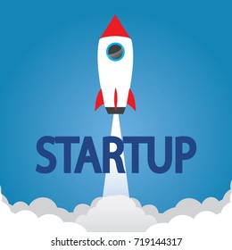 Vector illustration. Business startup project concept. Rocket launching to the sky, modern technology design  