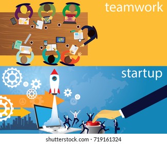 Vector illustration. Business startup project concept. Rocket launching to the sky, modern technology design