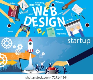 Vector illustration. Business startup web design project concept. Rocket launching to the sky, modern technology design