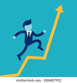 Vector illustration. Business success concept. Businessman running up on raised arrow to reach success