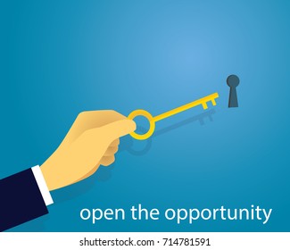 Vector illustration. Business success concept. Businessman holding key of success to open door of big opportunity winning glory in future