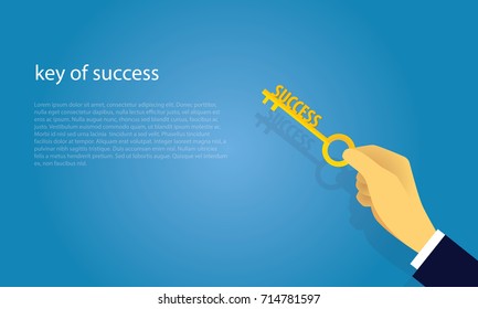 Vector illustration. Business success concept. Businessman holding key of success to open door of big opportunity winning glory in future