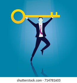 Vector illustration. Business success concept. Businessman holding key of success to open door of big opportunity winning glory in future