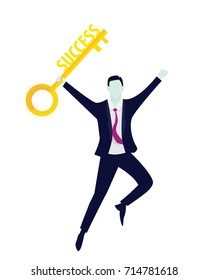 Vector illustration. Business success concept. Businessman holding key of success to open door of big opportunity winning glory in future