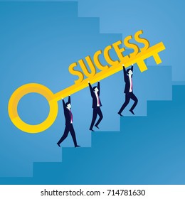 Vector illustration. Business success concept. Businessman holding key of success to open door of big opportunity winning glory in future