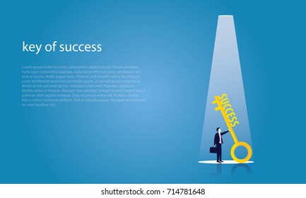 Vector illustration. Business success concept. Businessman holding key of success to open door of big opportunity winning glory in future