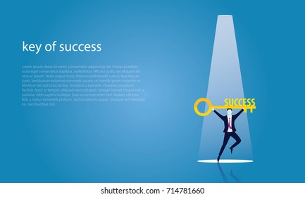 Vector illustration. Business success concept. Businessman holding key of success to open door of big opportunity winning glory in future