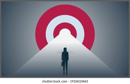 vector illustration of business success goals and corporation strategy to succeed as a financial wealth concept and pathway to profit with woman business standing with carrying bags on the road to the