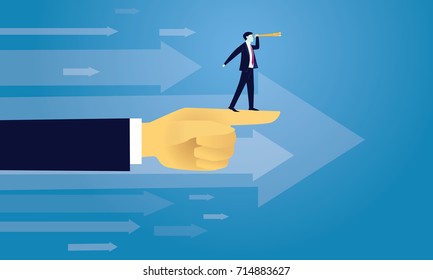 Vector illustration. Business success moving forward leadership concept. Businessman raised by giant hand to search for success high in the sky with telescope. 