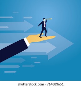 Vector illustration. Business success moving forward leadership concept. Businessman raised by giant hand to search for success high in the sky with telescope. Visionary, directing way of success