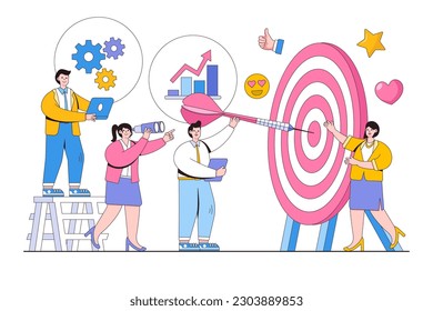 Ilustración vectorial del objetivo de negocio con una flecha, golpear el objetivo y el logro del objetivo con personajes de la gente.