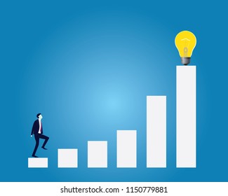 Vector illustration. Business target concept. Businessman climbing ladder to reach idea bulb lamp