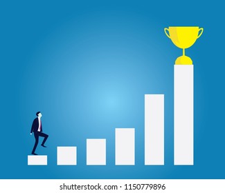 Vector illustration. Business target concept. Businessman climbing ladder to reach trophy achievement of success 