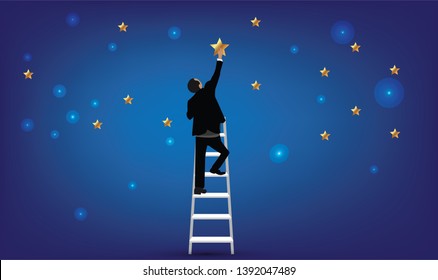 Vector illustration. Business target concept. Businessman climbing ladder to reach star of success in the sky 