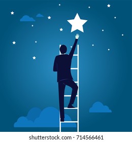 Vector illustration. Business target concept. Businessman climbing ladder to reach star of success in the sky