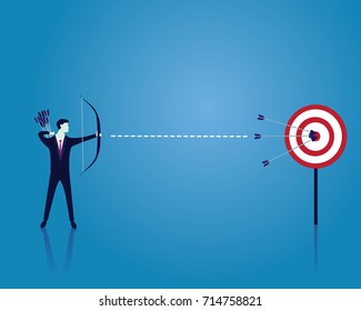 Vector illustration. Business target goals concept. Businessman focus aiming to hit target with bow and arrow