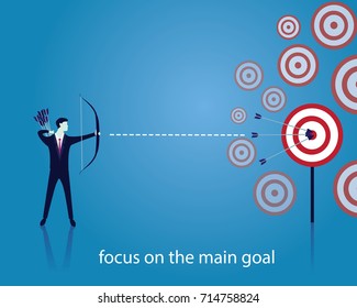 Vector illustration. Business target goals concept. Businessman focus aiming to hit target with bow and arrow