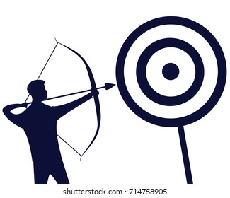 Vector illustration. Business target goals concept. Businessman focus aiming to hit target with bow and arrow