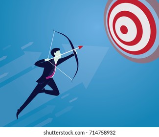 Vector illustration. Business target goals concept. Businessman focus aiming to hit target with bow and arrow