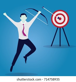 Vector illustration. Business target goals concept. Businessman focus aiming to hit target with bow and arrow