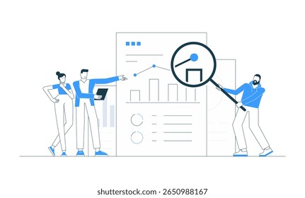 Vector illustration of a business team analyzing data charts with a tablet and magnifier. Concept of analytics, dashboard, report, and financial strategy in a digital office environment.