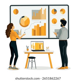 Vector illustration of a business team analyzing data on charts and graphs. Office teamwork concept with laptop, analytics dashboard, and collaboration. Flat design, modern style