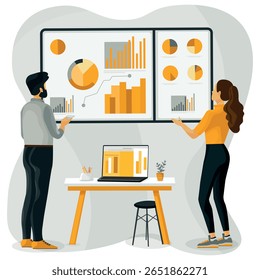 Ilustração vetorial de uma equipe de negócios analisando dados em gráficos e diagramas. Conceito de trabalho em equipe do Office com laptop, painel de análise e colaboração. Design plano, estilo moderno