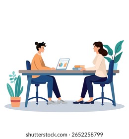 Vector illustration of a business team analyzing data on charts and graphs. Office teamwork concept with laptop, analytics dashboard, and collaboration. Flat design, modern style