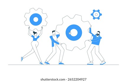 Vector illustration of a business team assembling a mechanism made of gears and cogwheels. Concept of teamwork, cooperation, strategy, support, communication, efficiency, and corporate development