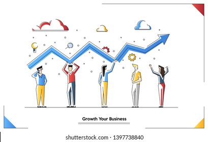 Vector illustration of Business team building growth graph and preparing for the big profit. Candlestick chart of the stock market, move up motivation. The way to achieve the goal