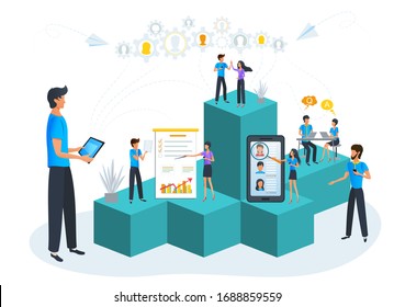 Vector illustration, business team building and leadership, human resource management. Job interview, recruitment process. Career development and planning. Online recruitment agency. Startup business