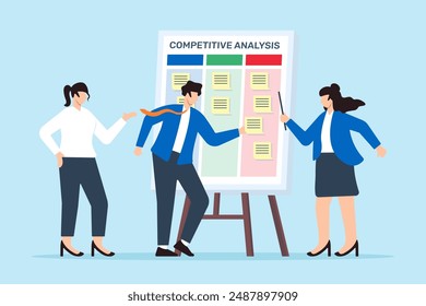 Ilustración vectorial del equipo de negocios colabora en el análisis competitivo con notas adhesivas sobre el posicionamiento en el mercado de pizarras blancas