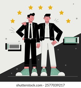 Vector illustration business team concept. Two men in suits are standing next to each other.