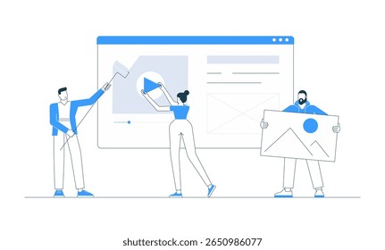 Vector illustration of a business team designing a website. Concept of web development, UI and UX design, teamwork, and digital project creation in a modern online environment.