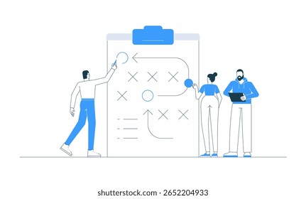 Ilustração vetorial de uma equipe de negócios que desenvolve uma estratégia em uma área de transferência digital com setas e círculos. Conceito de trabalho em equipe, planejamento, definição de metas, comunicação e liderança