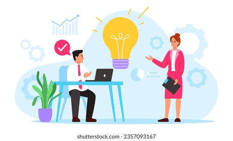 Vector illustration of a business team discussing an idea on a white background. Cartoon scene of a guy sitting at a table with a laptop and a girl with a folder with a sheet discussing an idea.