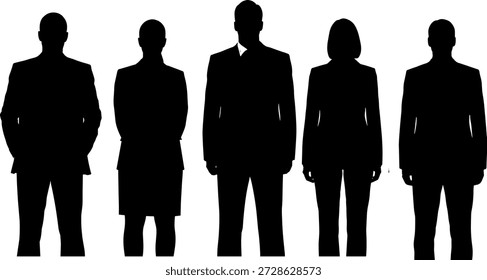 Ilustración vectorial del icono del equipo de negocios con cinco siluetas profesionales en atuendo formal y postura corporativa