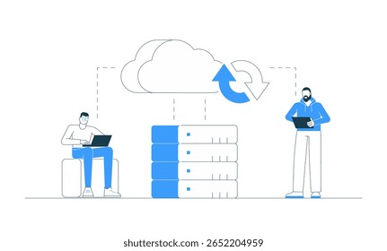 Ilustración vectorial del equipo de negocios que interactúa con la tecnología de la nube, el servidor y los datos. Concepto de almacenamiento digital, gestión de redes, trabajo en equipo, seguridad del sistema, informática y comunicación en línea