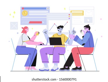 Vector illustration of a business team or managers on a meeting discussing with colleagues a presentation or working on a new startup project in office. Concept of brainstorming or teamwork. Our team.