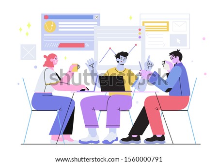 Vector illustration of a business team or managers on a meeting discussing with colleagues a presentation or working on a new startup project in office. Concept of brainstorming or teamwork. Our team.