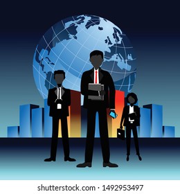 Vector Illustration, Business team on background with globe and city,  
