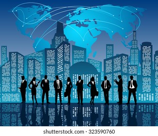Vector illustration of a business team on city background